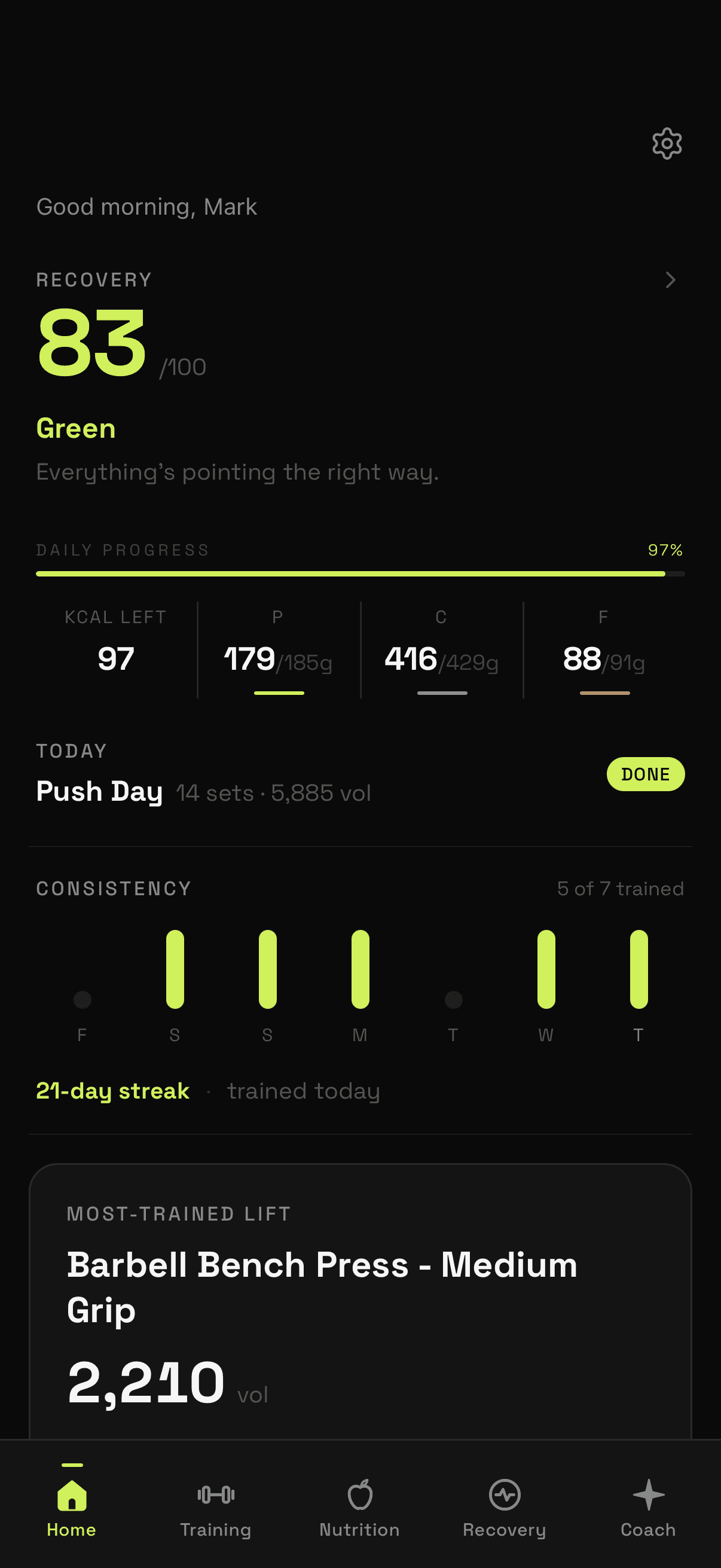 The Forma home screen: a recovery score and its band at the top, the day's protein, carbs and fat against target, today's completed session, a seven-day consistency row, and the most-trained lift.
